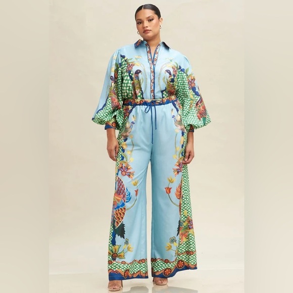 Colorful Peacock Print Matching Set | Button Shirt & Wide Leg Pants | Size Large - Picture 2 of 7